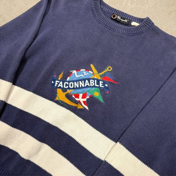 Faconnable Knit Sweater Striped Crewneck 100% Cotton Blue Pullover Small - Picture 2 of 7